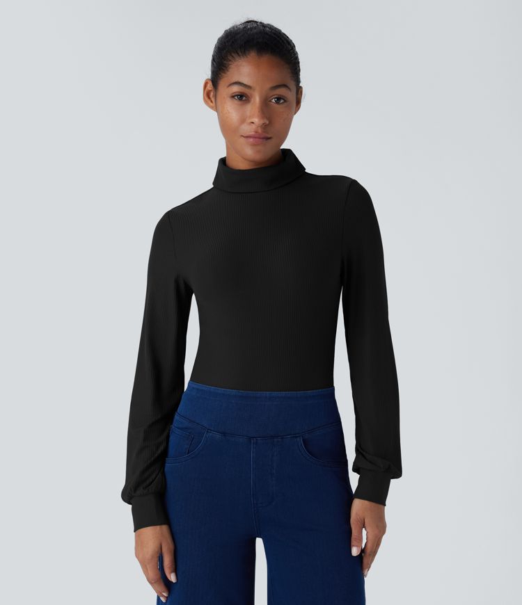 Ribbed High Neck Long Sleeve Casual Bodysuit
