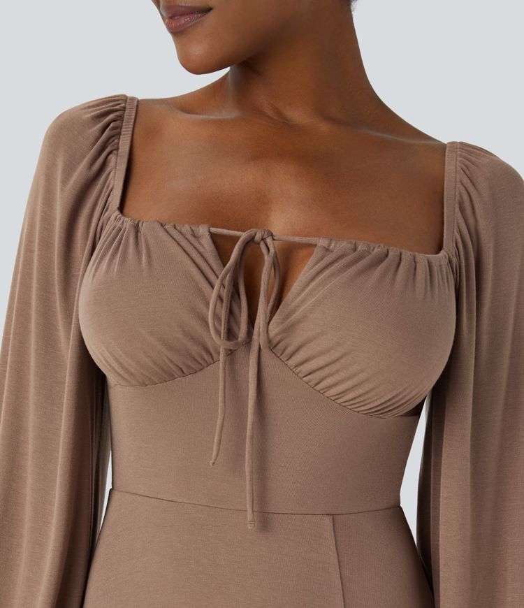 Vestido midi manga larga dobladillo dividido volante cuello cuadrado acanalado cordón ajustable delantera