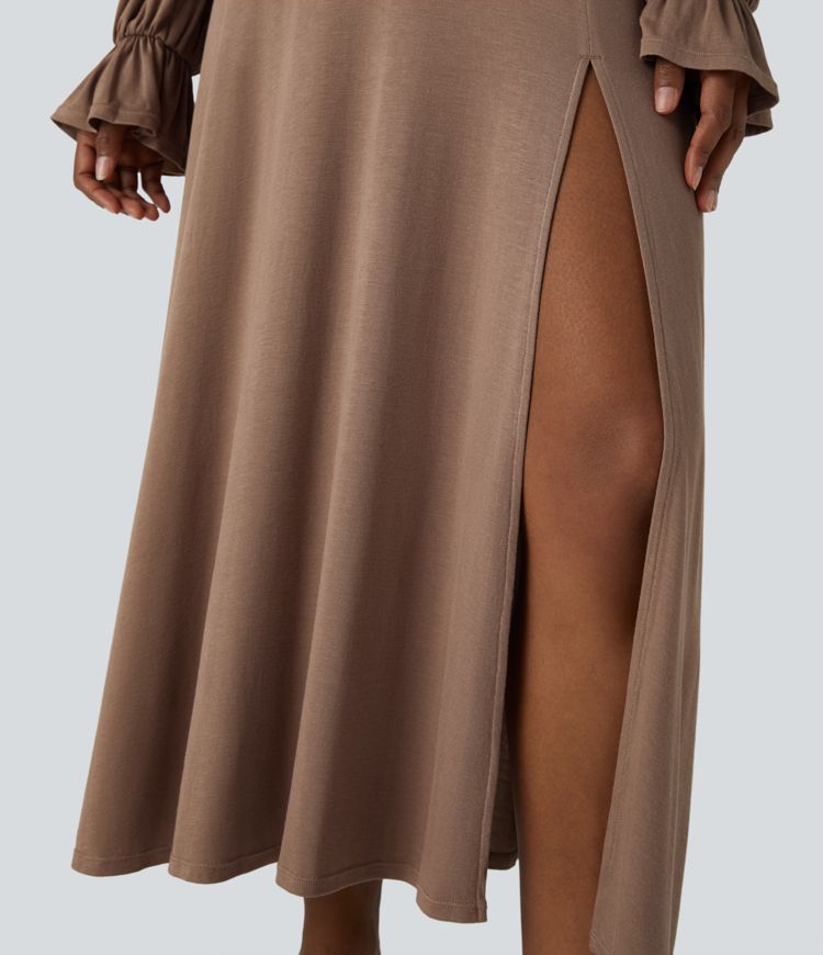 Vestido midi manga larga dobladillo dividido volante cuello cuadrado acanalado cordón ajustable delantera