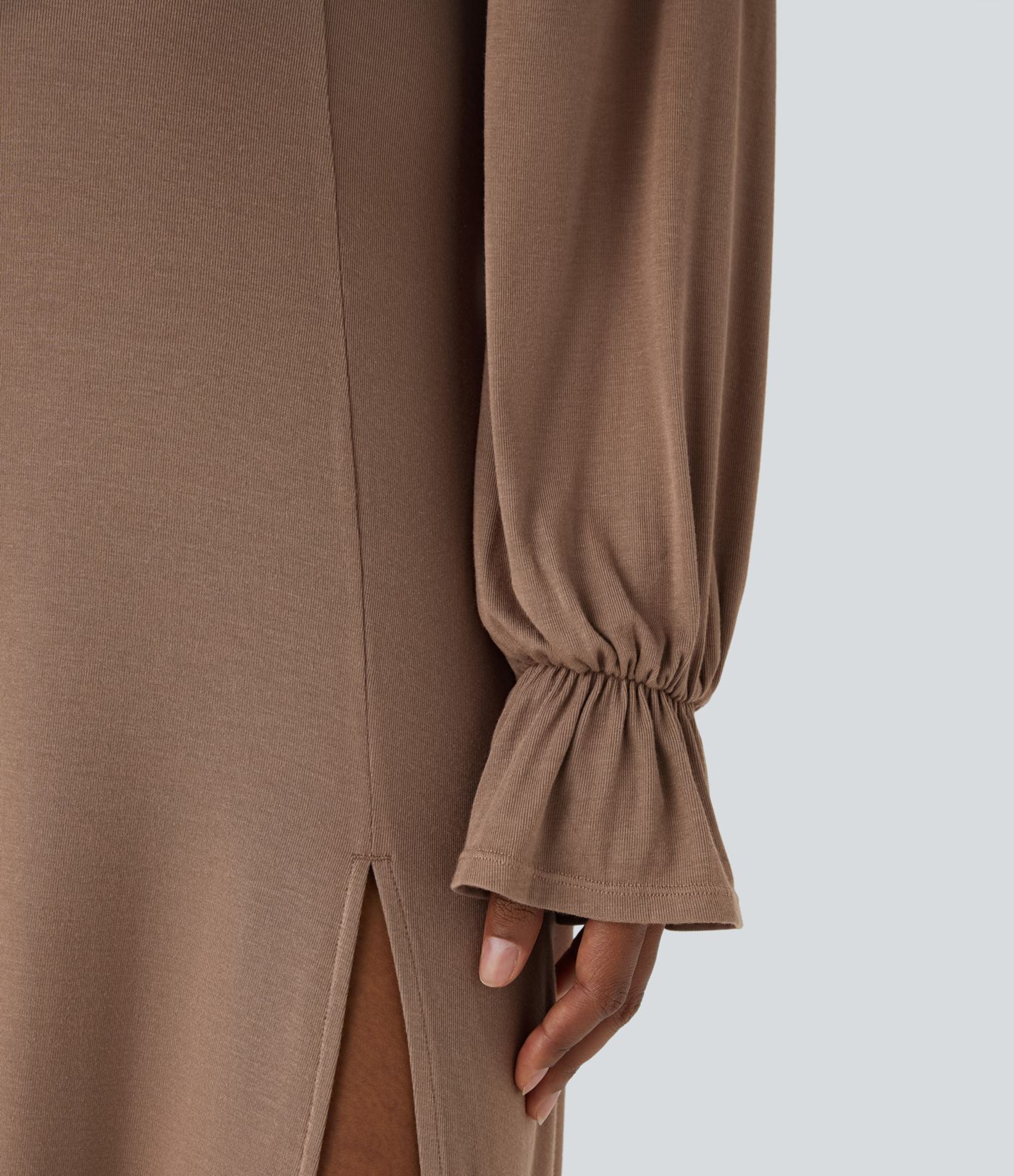 Vestido midi manga larga dobladillo dividido volante cuello cuadrado acanalado cordón ajustable delantera