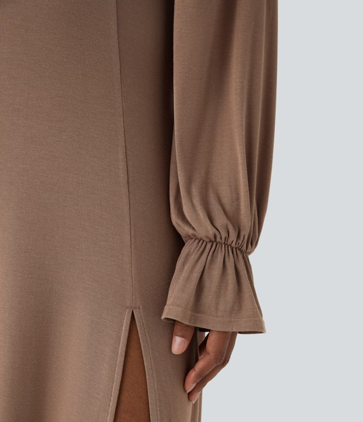 Vestido midi manga larga dobladillo dividido volante cuello cuadrado acanalado cordón ajustable delantera