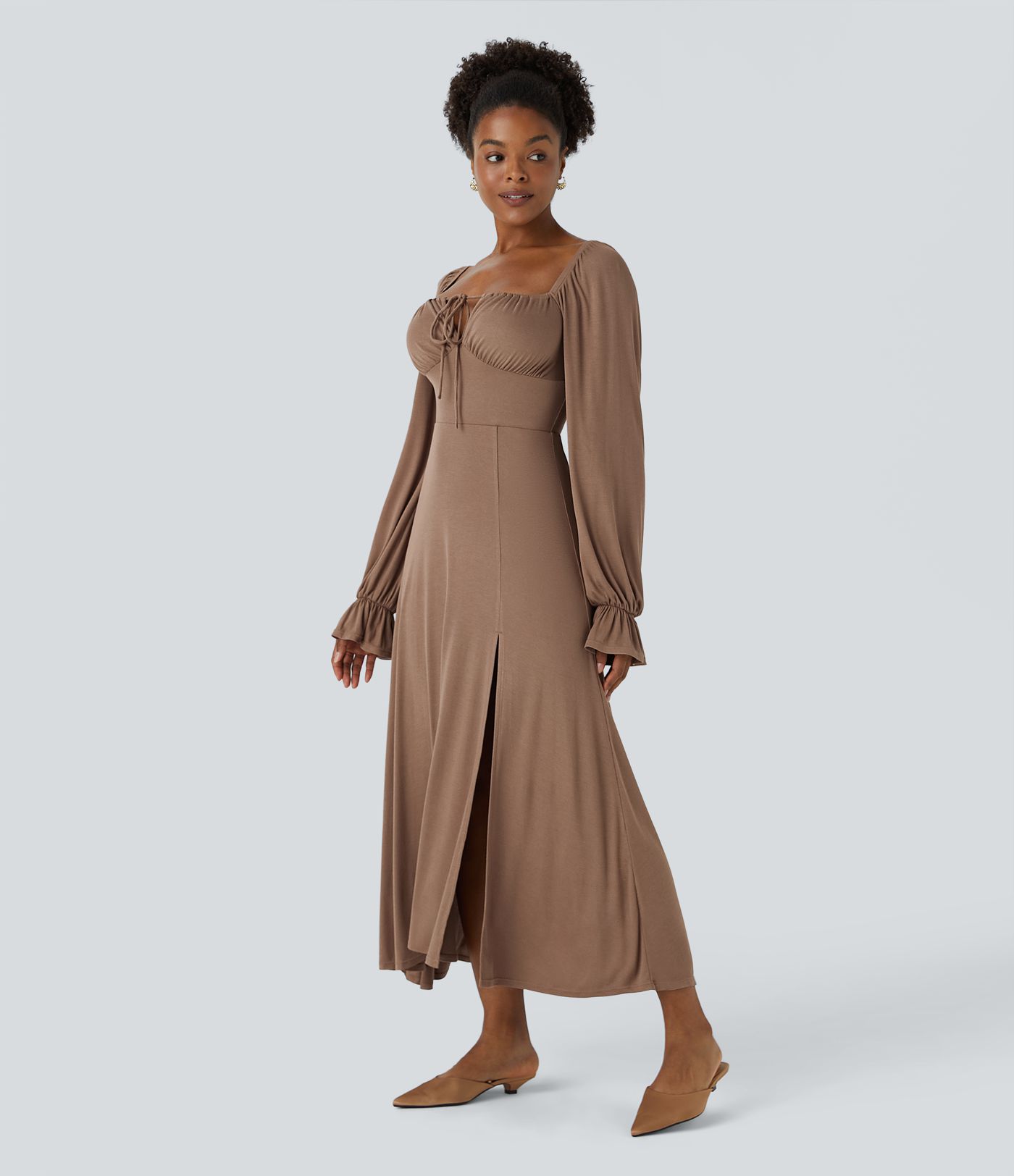 Vestido midi manga larga dobladillo dividido volante cuello cuadrado acanalado cordón ajustable delantera