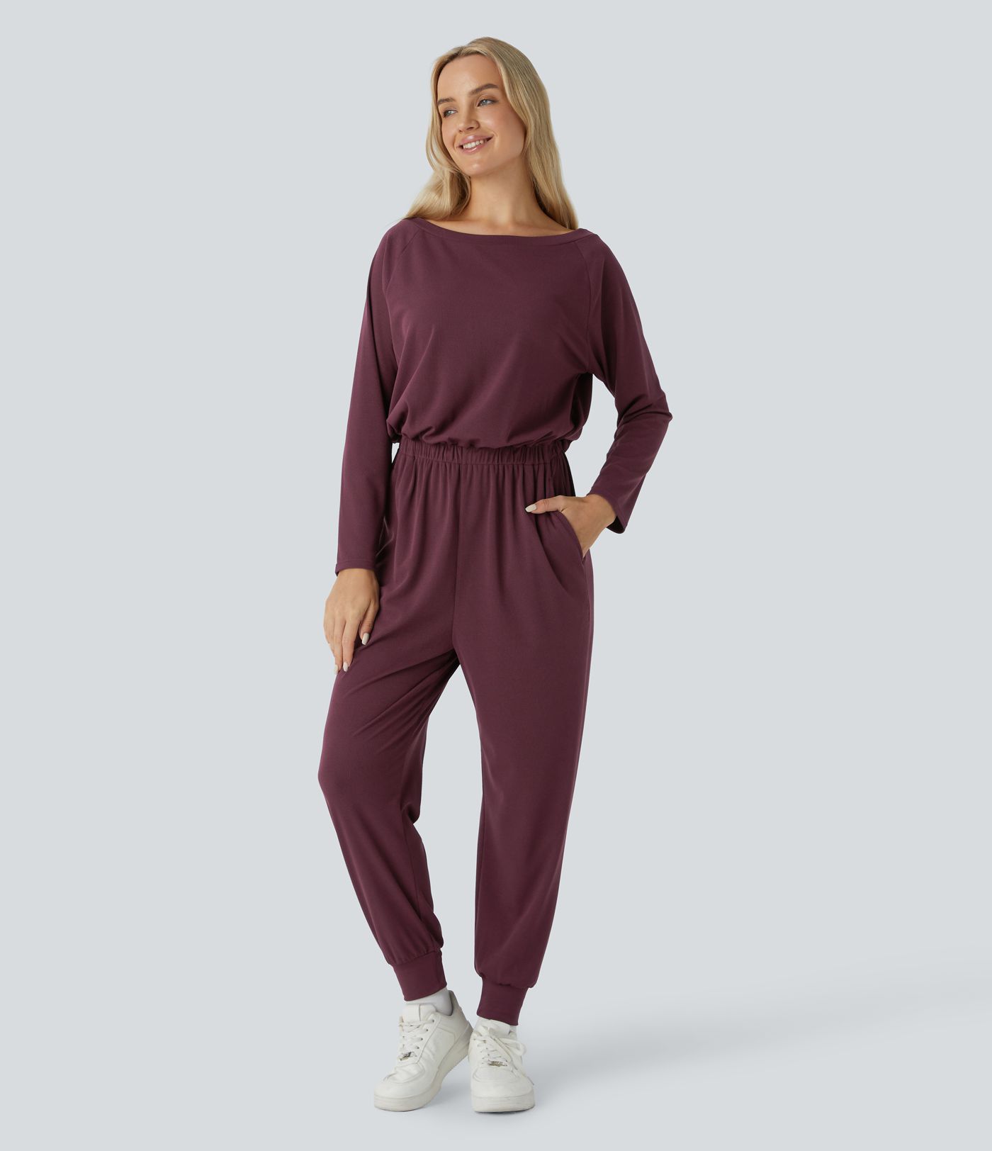 Off Shoulder Long Sleeve Pocket Waffle Casual Jumpsuit