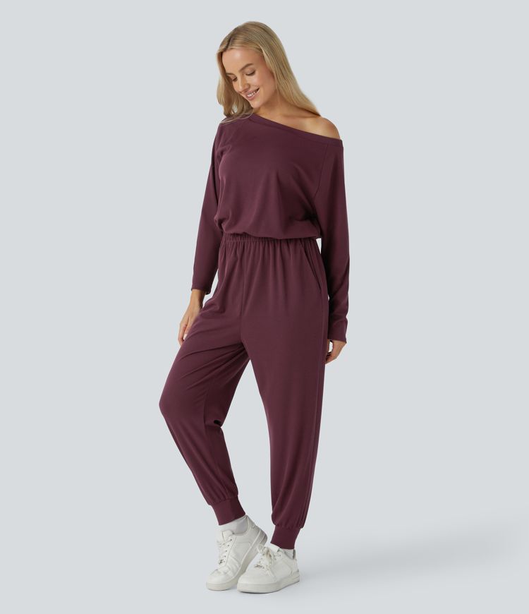 Off Shoulder Long Sleeve Side Pocket Waffle Casual Jumpsuit