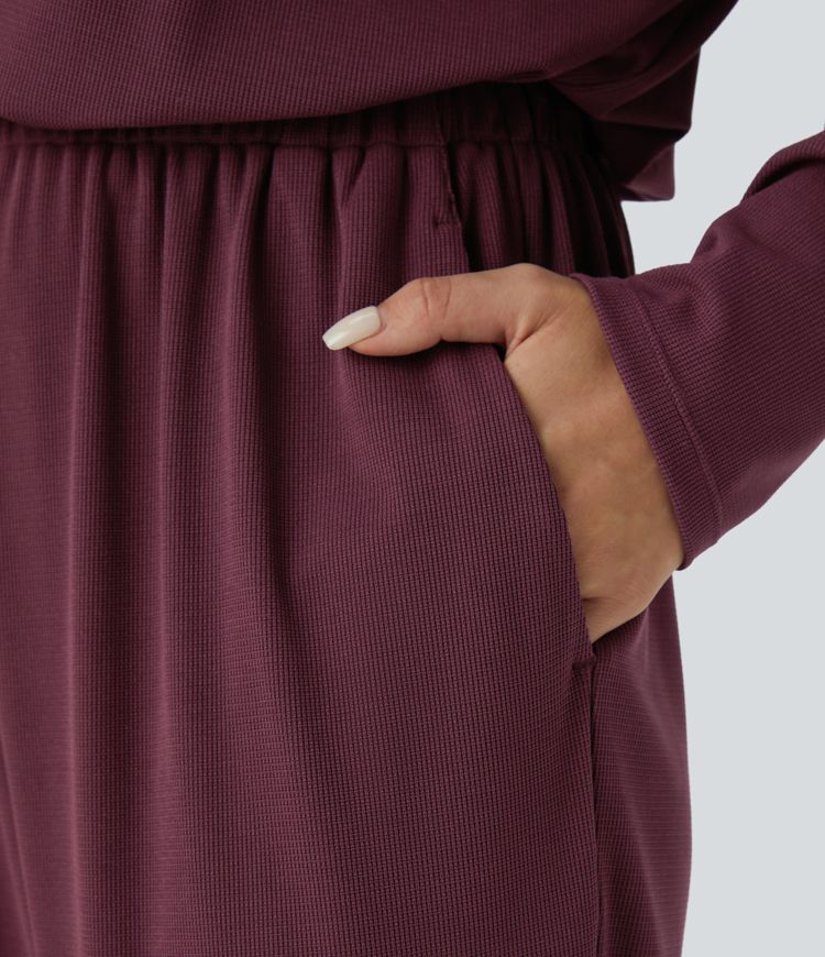 Off Shoulder Long Sleeve Pocket Waffle Casual Jumpsuit