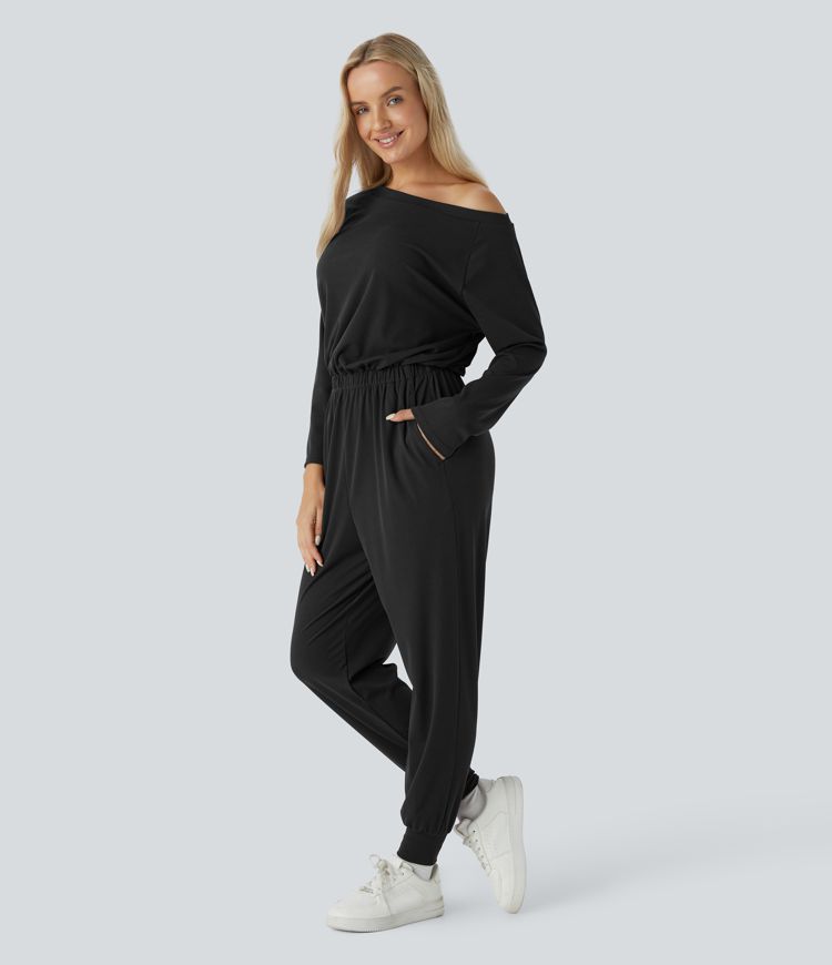 Off Shoulder Long Sleeve Pocket Waffle Casual Jumpsuit