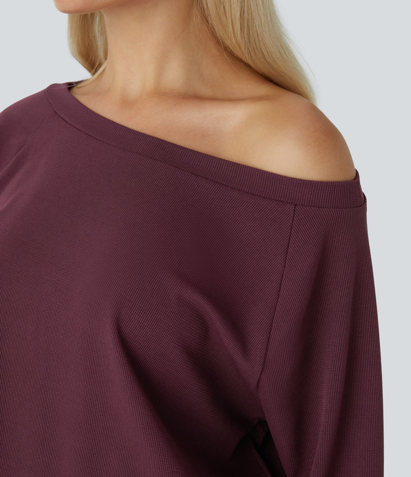 Off Shoulder Long Sleeve Pocket Waffle Casual Jumpsuit