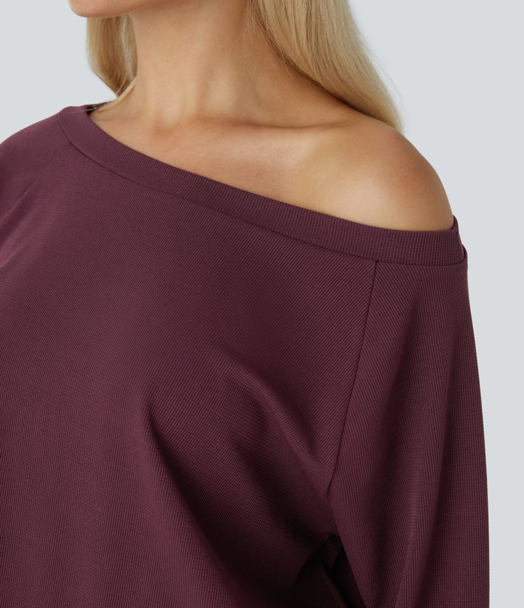 Off Shoulder Long Sleeve Pocket Waffle Casual Jumpsuit