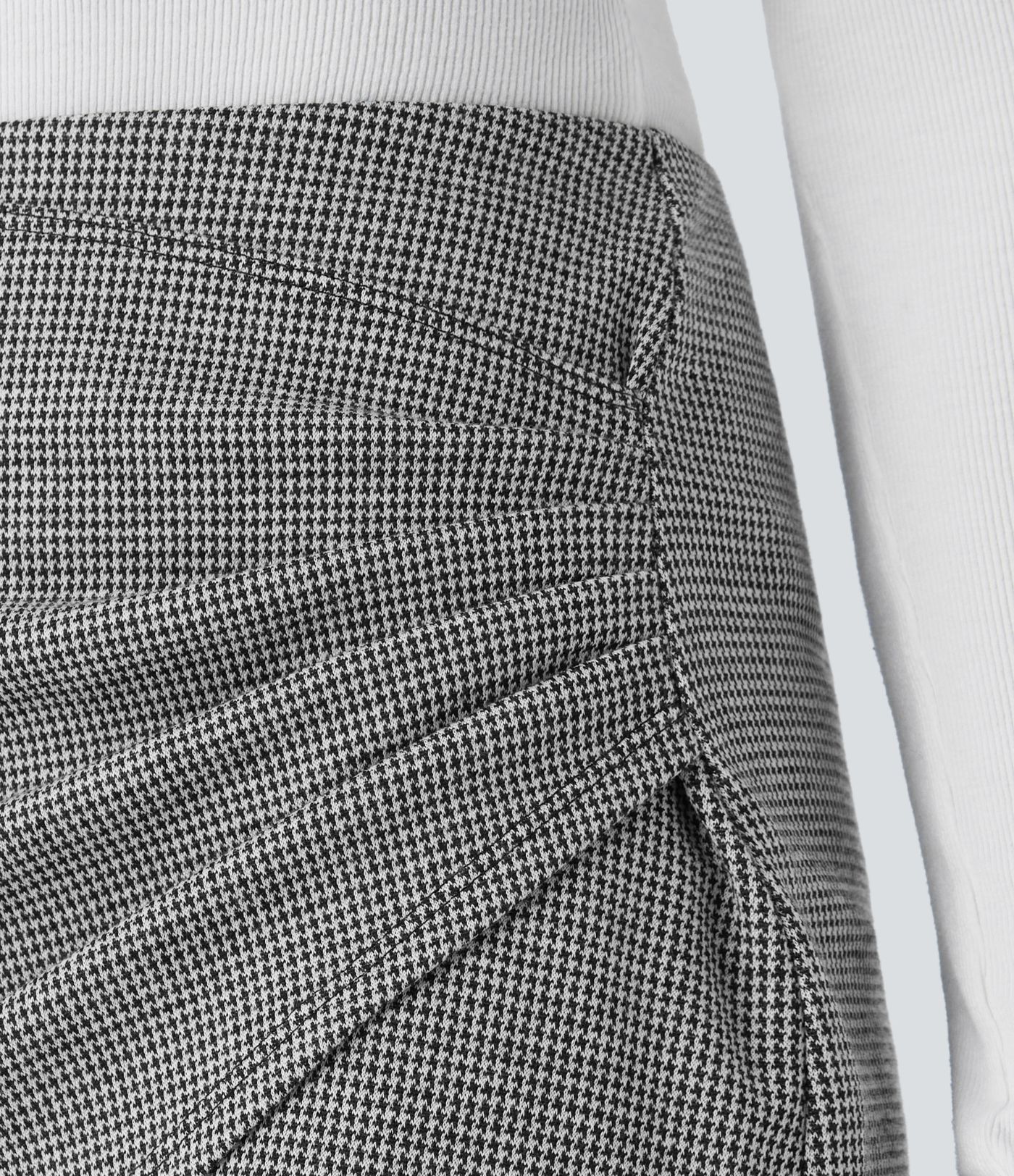 High Waisted Asymmetric Ruched 2-in-1 Houndstooth Mini Work Skirt