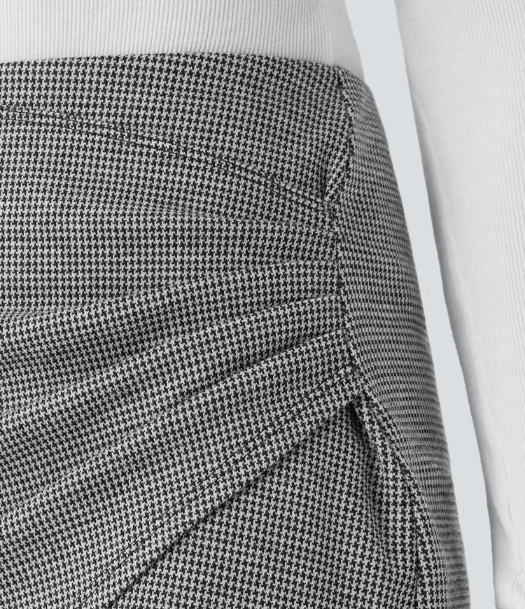 High Waisted Asymmetric Ruched 2-in-1 Houndstooth Mini Work Skirt