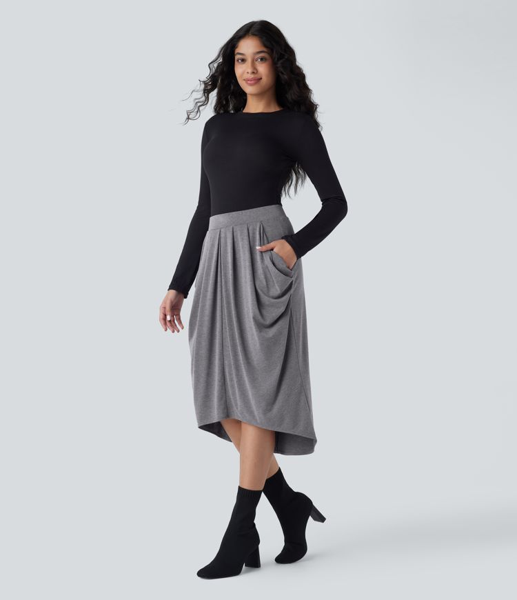 High Waisted Pocket Draped High Low Midi Casual Skirt