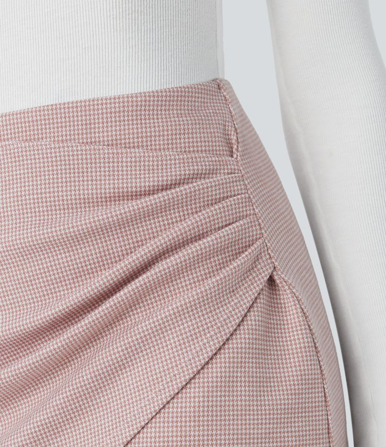 High Waisted Asymmetric Ruched 2-in-1 Houndstooth Mini Work Skirt
