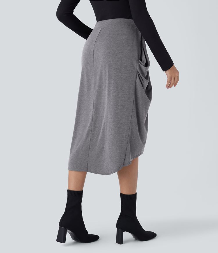 High Waisted Pocket Draped High Low Midi Casual Skirt