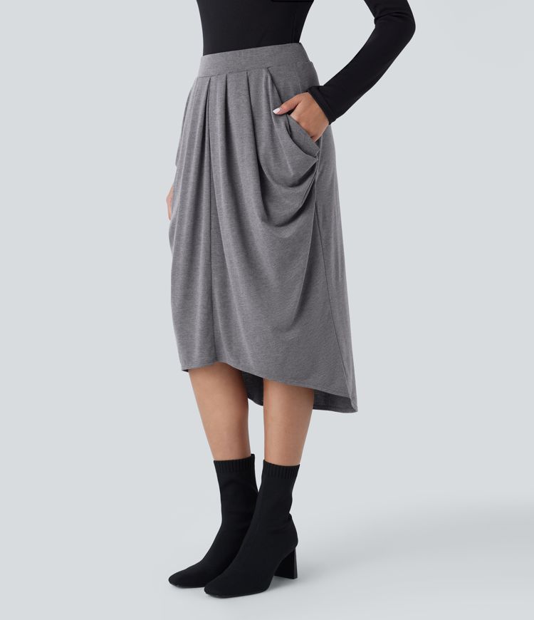 High Waisted Pocket Draped High Low Midi Casual Skirt