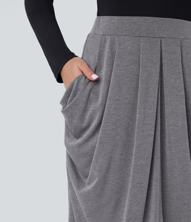 High Waisted Pocket Draped High Low Midi Casual Skirt