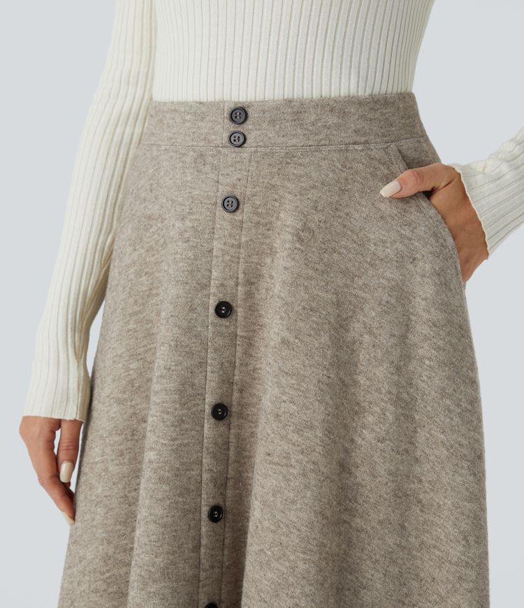 High Waisted Decorative Button Side Pocket Midi Flare Casual Skirt