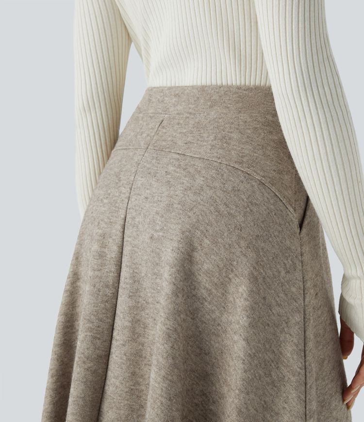 Jupe décontractée mi-longue évasée à taille haute, boutons décoratifs et poches latérales