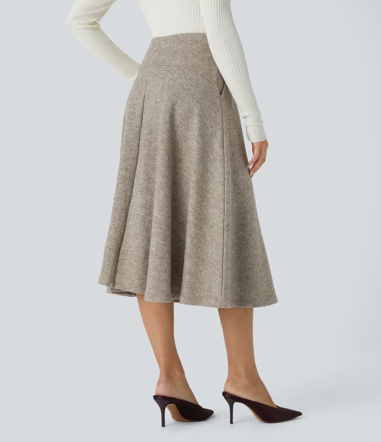 High Waisted Decorative Button Side Pocket Midi Flare Casual Skirt