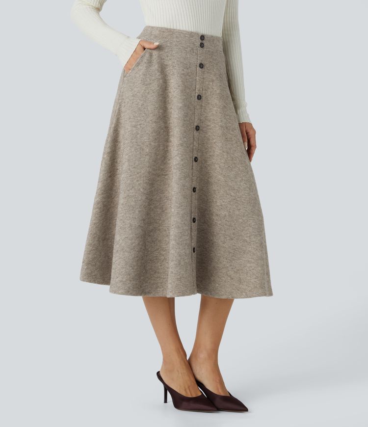 High Waisted Decorative Button Side Pocket Midi Flare Casual Skirt