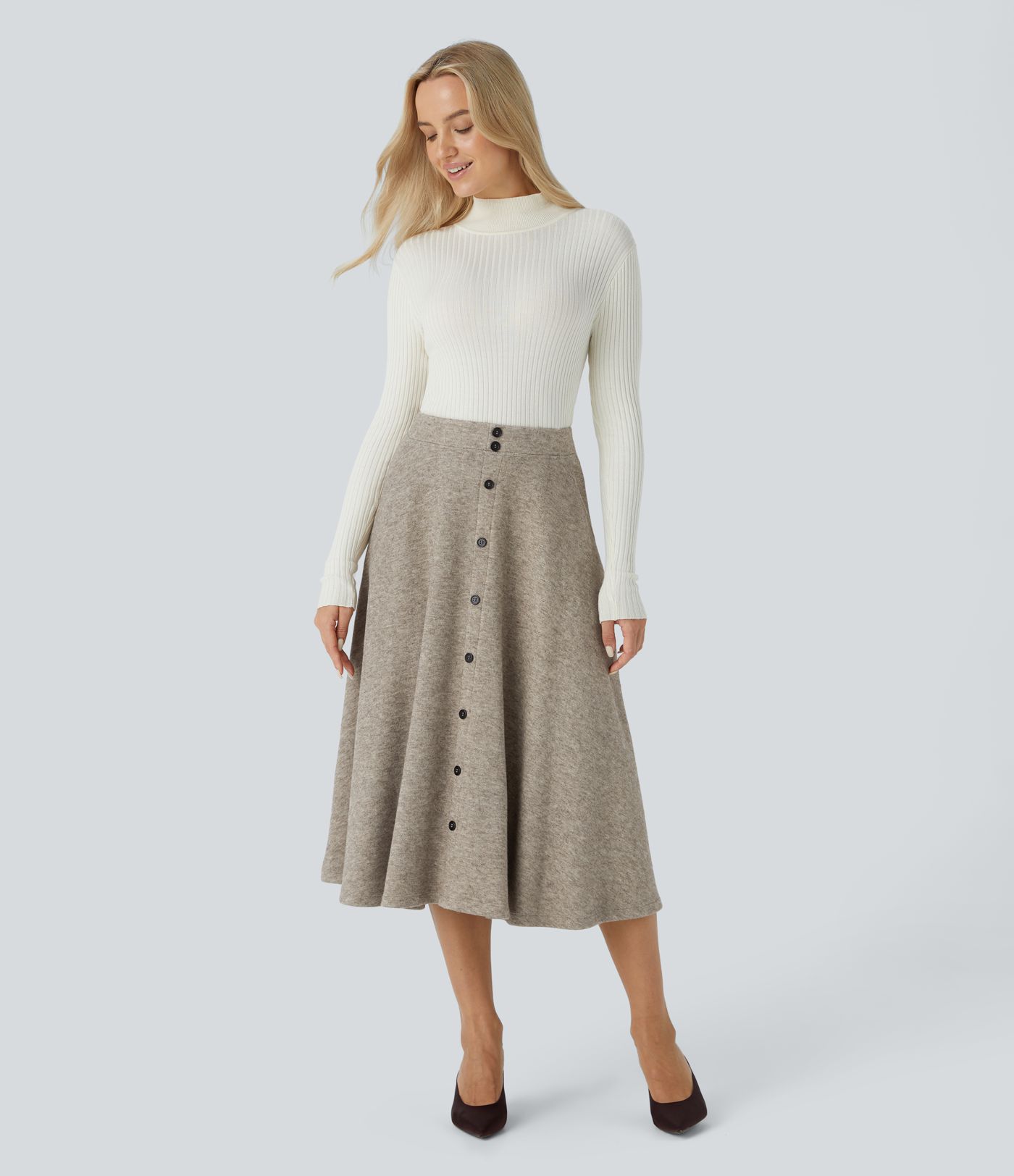 Falda acampanada tiro alto bolsillo lateral botón decorativo