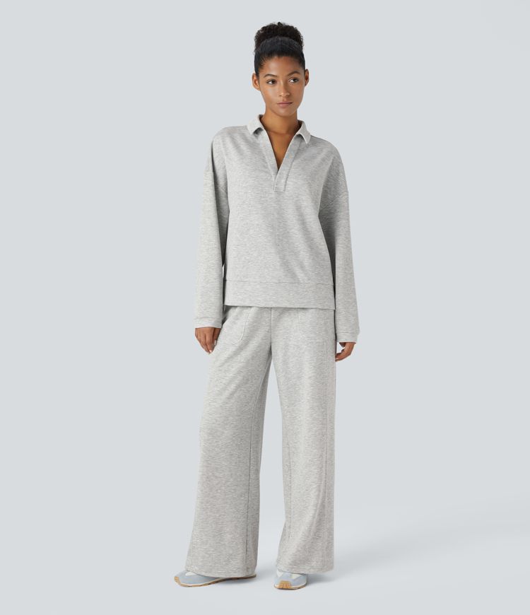 Sudadera holgada cuello V botón hombro caído manga larga abertura