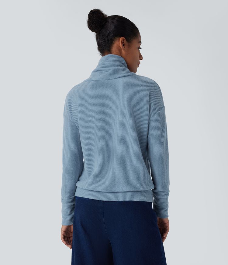 Cowl Neck Drawstring Dropped Shoulder Long Sleeve Relaxed Waffle Casual Sweatshirt