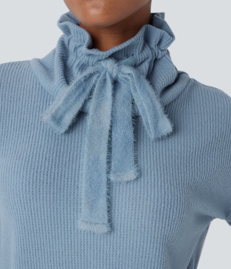 Cowl Neck Drawstring Dropped Shoulder Long Sleeve Relaxed Waffle Casual Sweatshirt