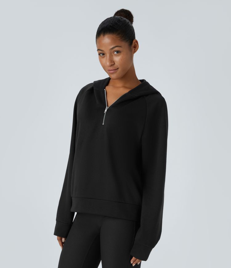 Sweat-shirt décontracté à capuche en polaire avec demi-zip et manches longues