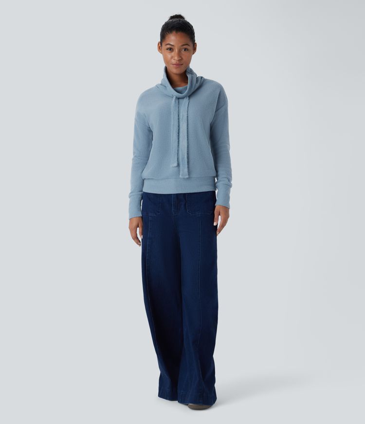 Cowl Neck Drawstring Dropped Shoulder Long Sleeve Relaxed Waffle Casual Sweatshirt