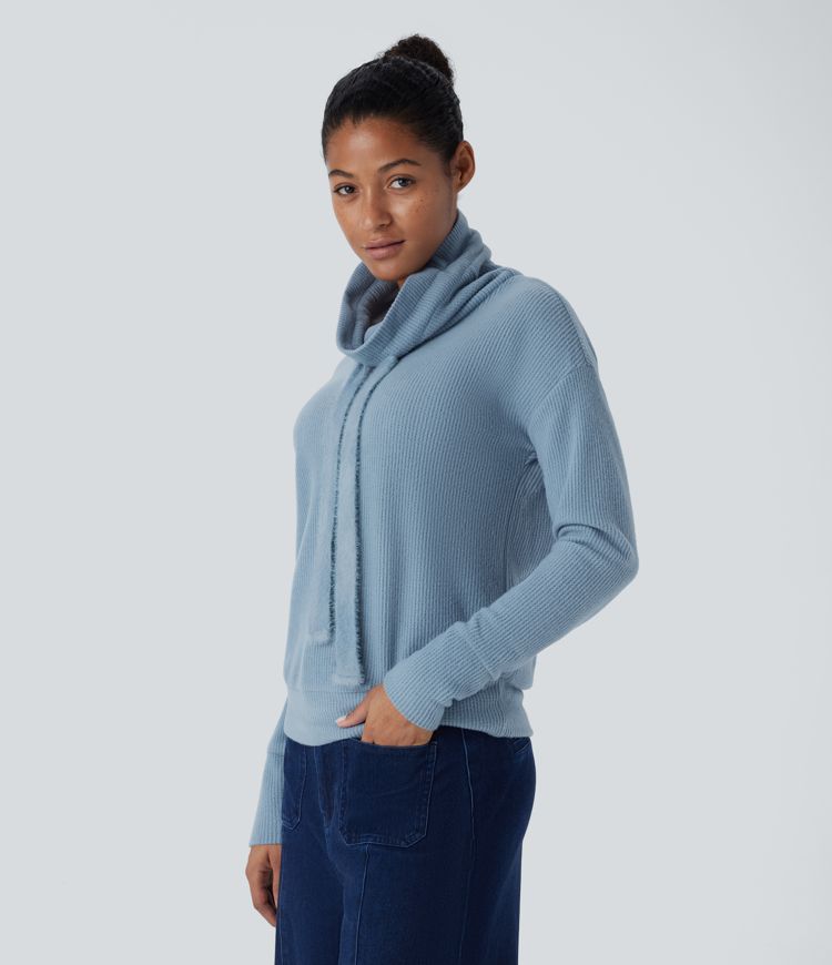 Cowl Neck Drawstring Dropped Shoulder Long Sleeve Relaxed Waffle Casual Sweatshirt