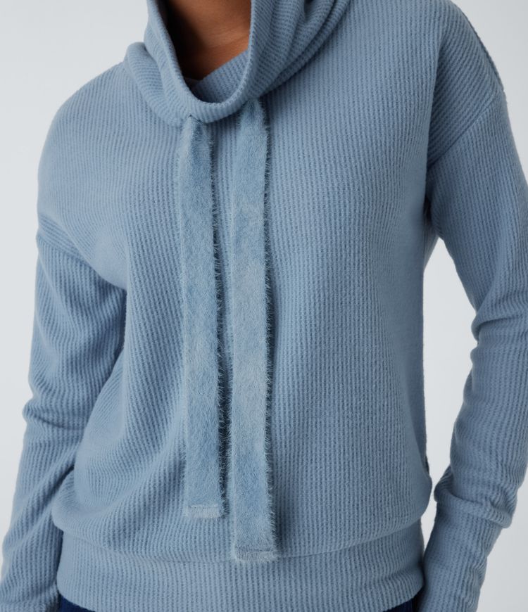 Cowl Neck Drawstring Dropped Shoulder Long Sleeve Relaxed Waffle Casual Sweatshirt