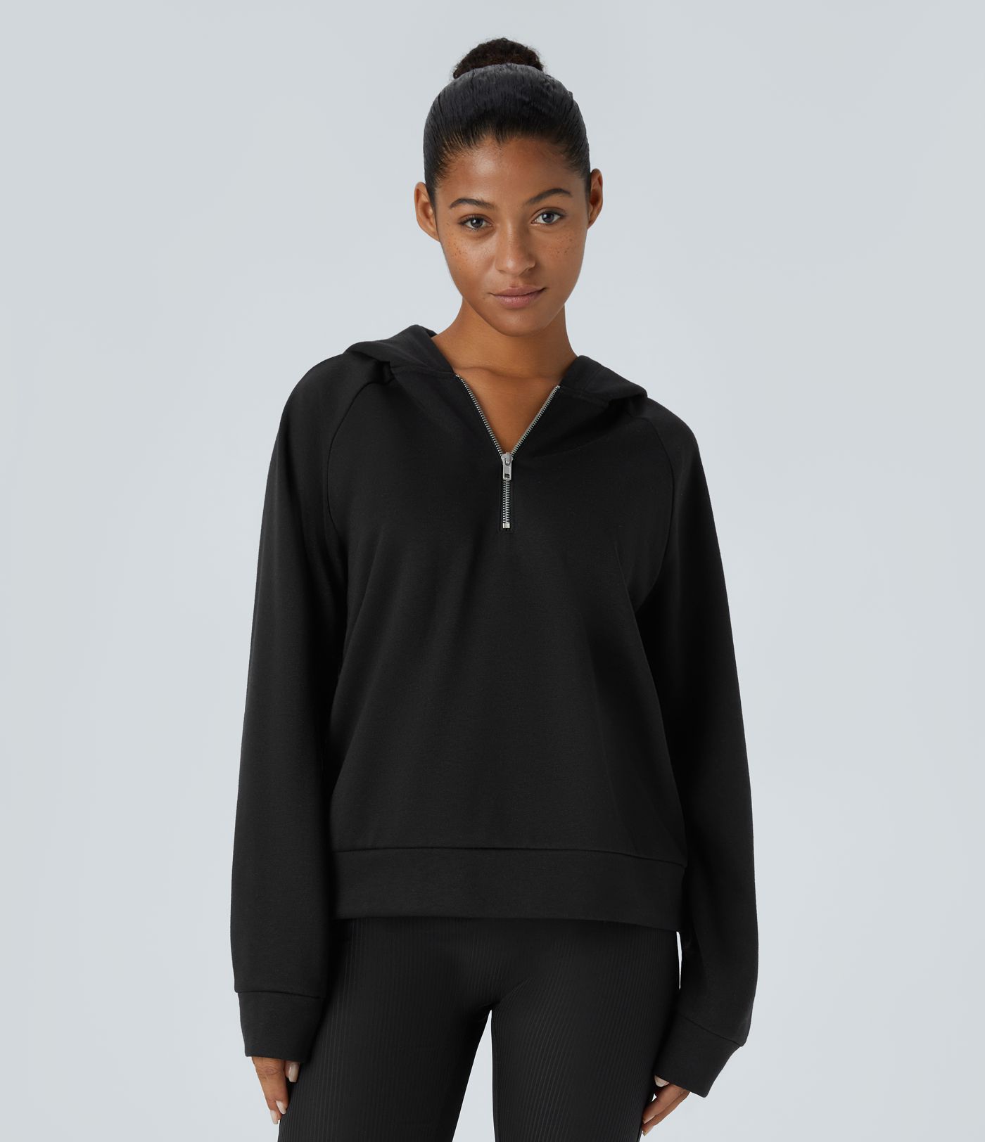 Sweat-shirt décontracté à capuche en polaire avec demi-zip et manches longues