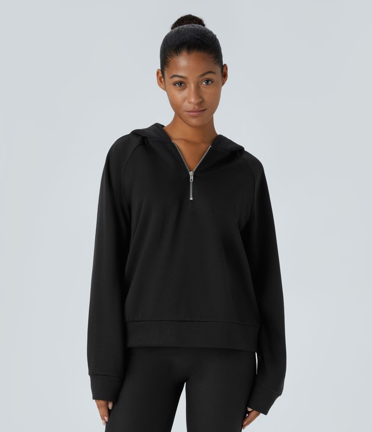 Sweat-shirt décontracté à capuche en polaire avec demi-zip et manches longues