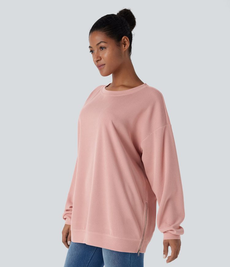 Sudadera holgada cuello redondo hombro caído manga larga cremallera dividida