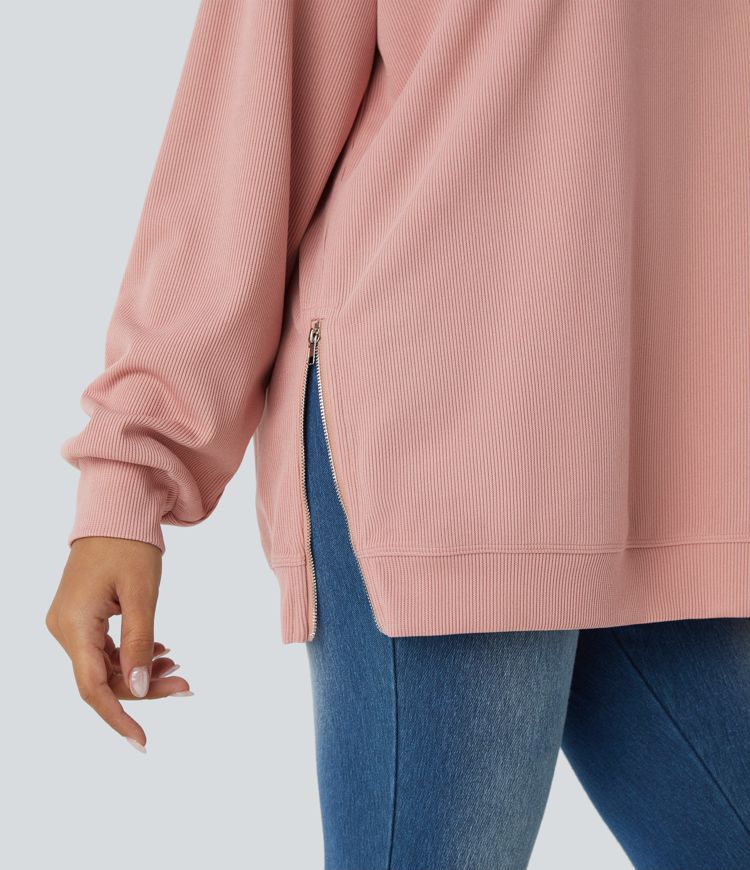 Sudadera holgada cuello redondo hombro caído manga larga cremallera dividida