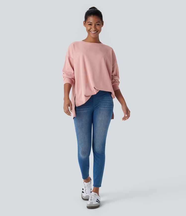 Sudadera holgada cuello redondo hombro caído manga larga cremallera dividida