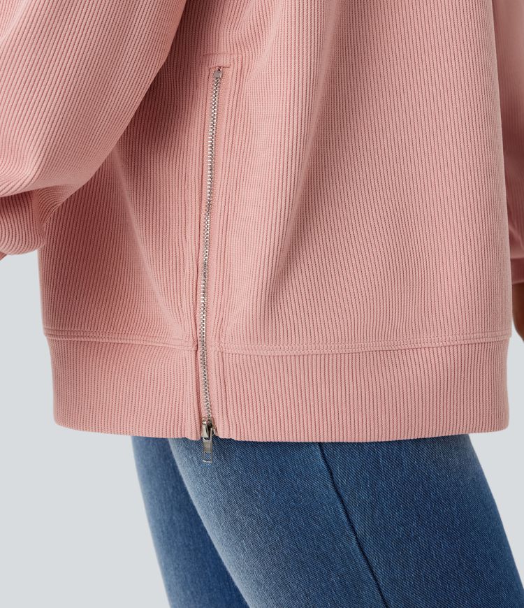 Sudadera holgada cuello redondo hombro caído manga larga cremallera dividida