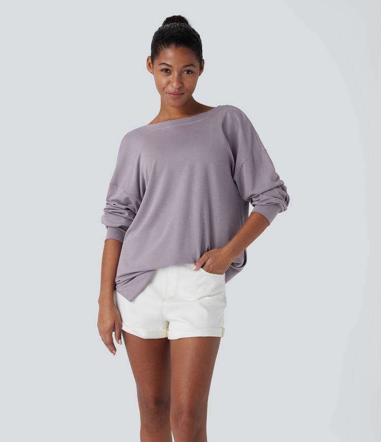 V Neck Dropped Shoulder Side Pocket Split Relaxed Casual Sweatshirt-Front and Back Wearable