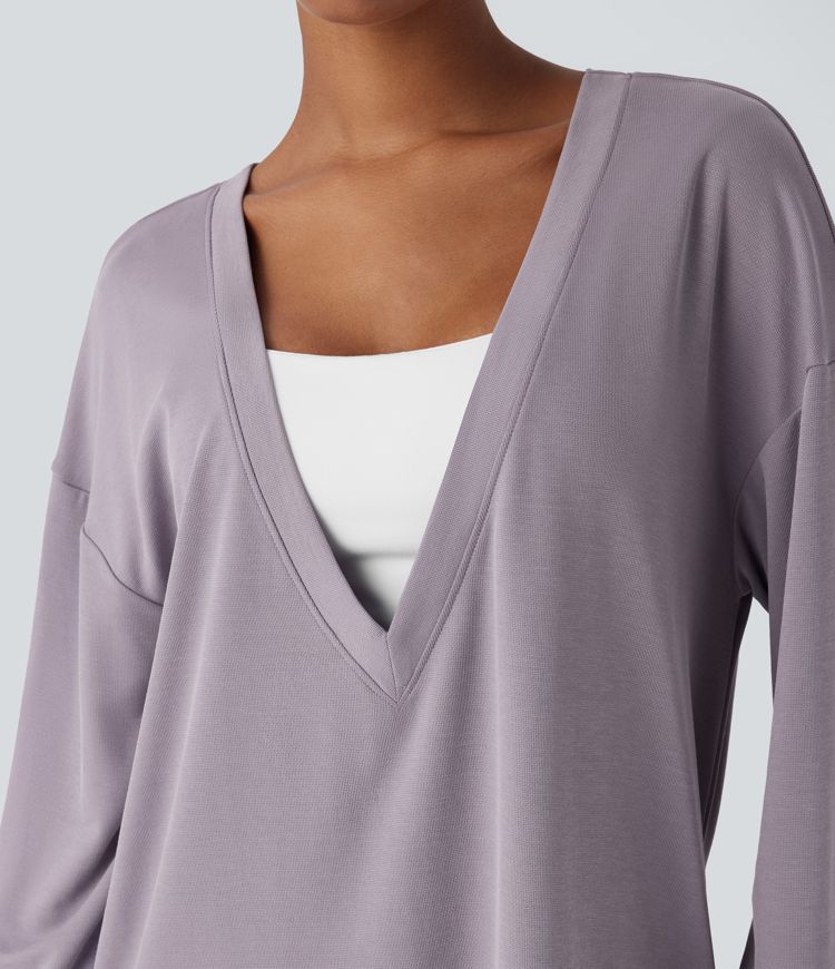 V Neck Dropped Shoulder Side Pocket Split Relaxed Casual Sweatshirt-Front and Back Wearable
