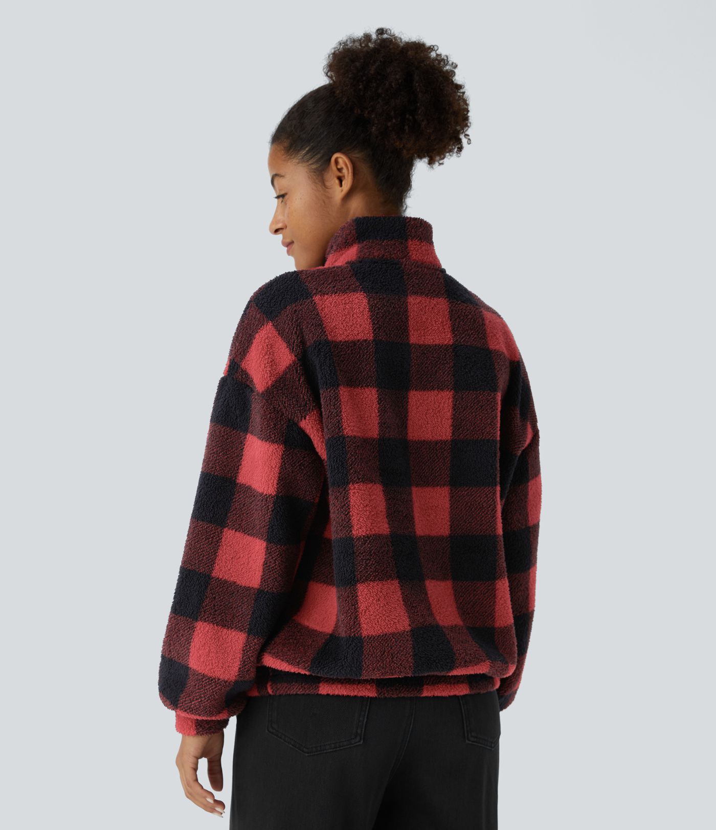 Collared half-zip drop-shoulder kangaroo pocket checkered fleece relaxed casual sweatshirt