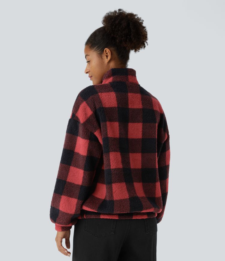 Sudadera holgada polar cuadros bolsillo canguro hombro caído cuello media cremallera