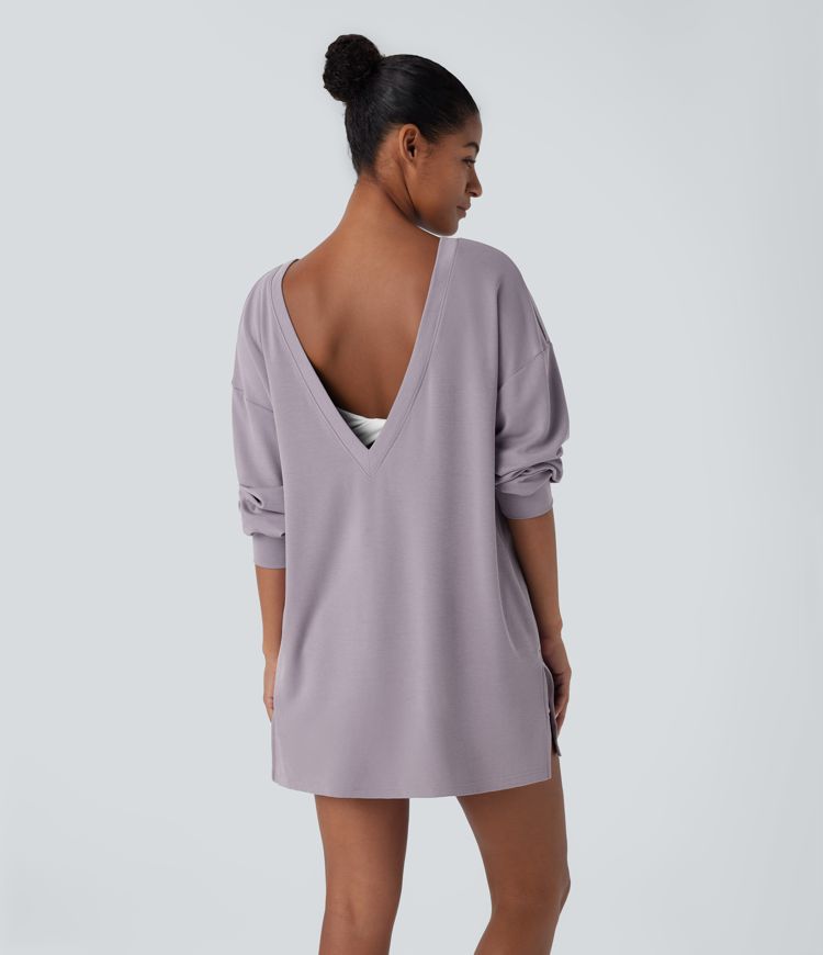 V Neck Dropped Shoulder Side Pocket Split Relaxed Casual Sweatshirt-Front and Back Wearable