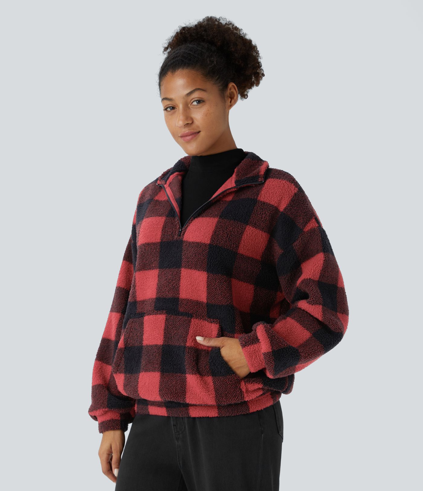 Collared half-zip drop-shoulder kangaroo pocket checkered fleece relaxed casual sweatshirt