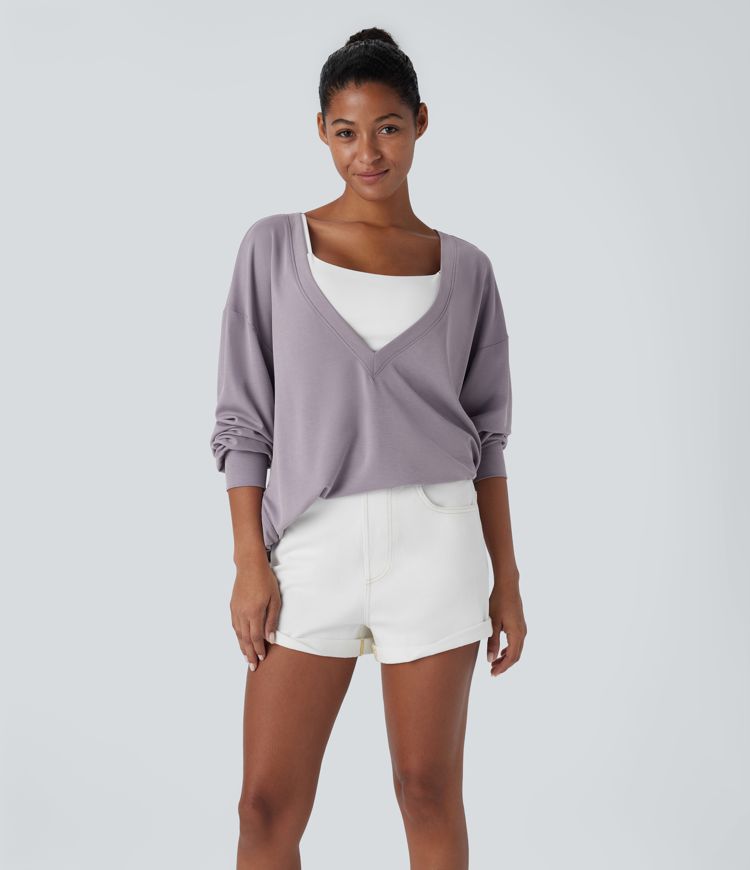 V Neck Dropped Shoulder Side Pocket Split Relaxed Casual Sweatshirt-Front and Back Wearable