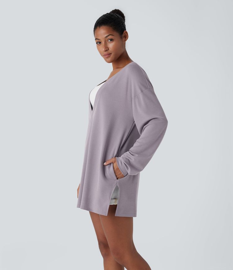 V Neck Dropped Shoulder Side Pocket Split Relaxed Casual Sweatshirt-Front and Back Wearable