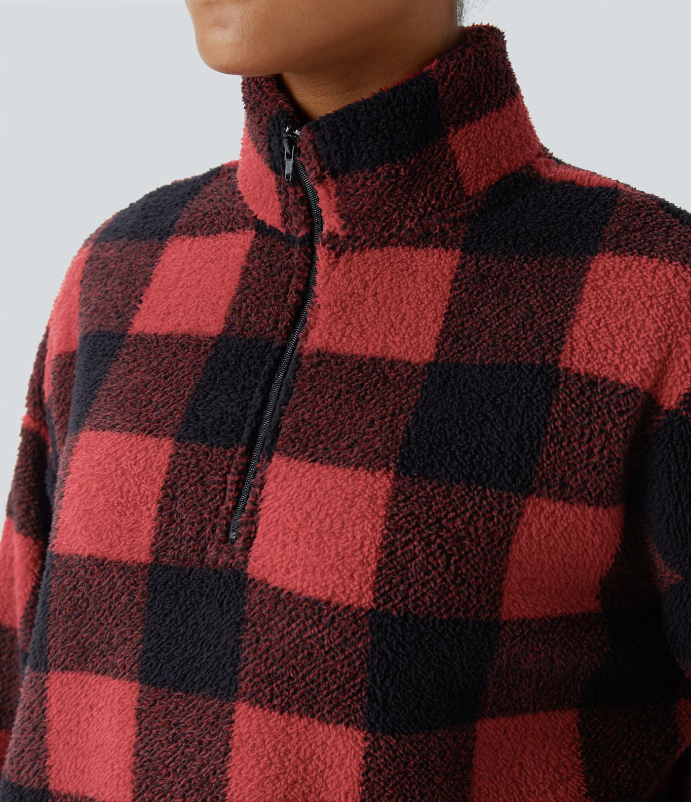 Collared half-zip drop-shoulder kangaroo pocket checkered fleece relaxed casual sweatshirt