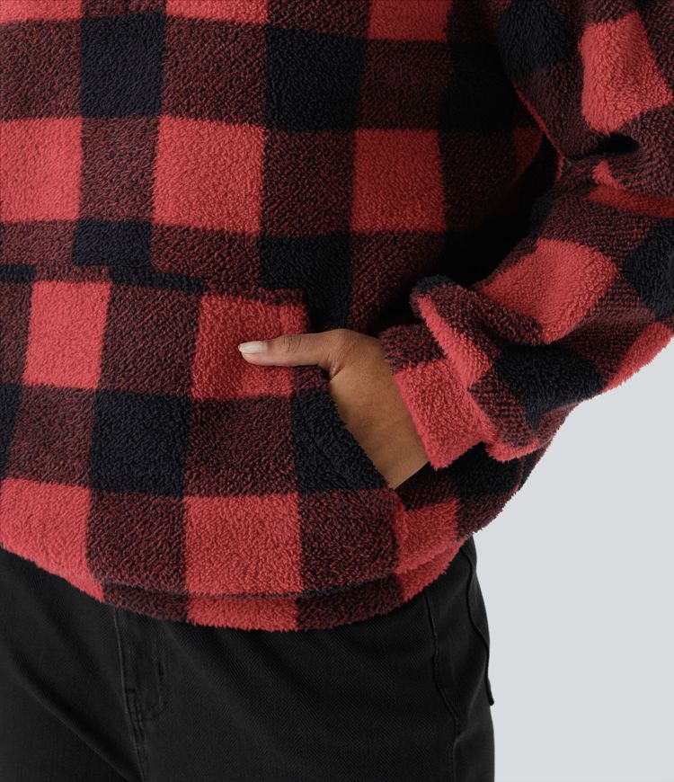 Sudadera holgada polar cuadros bolsillo canguro hombro caído cuello media cremallera