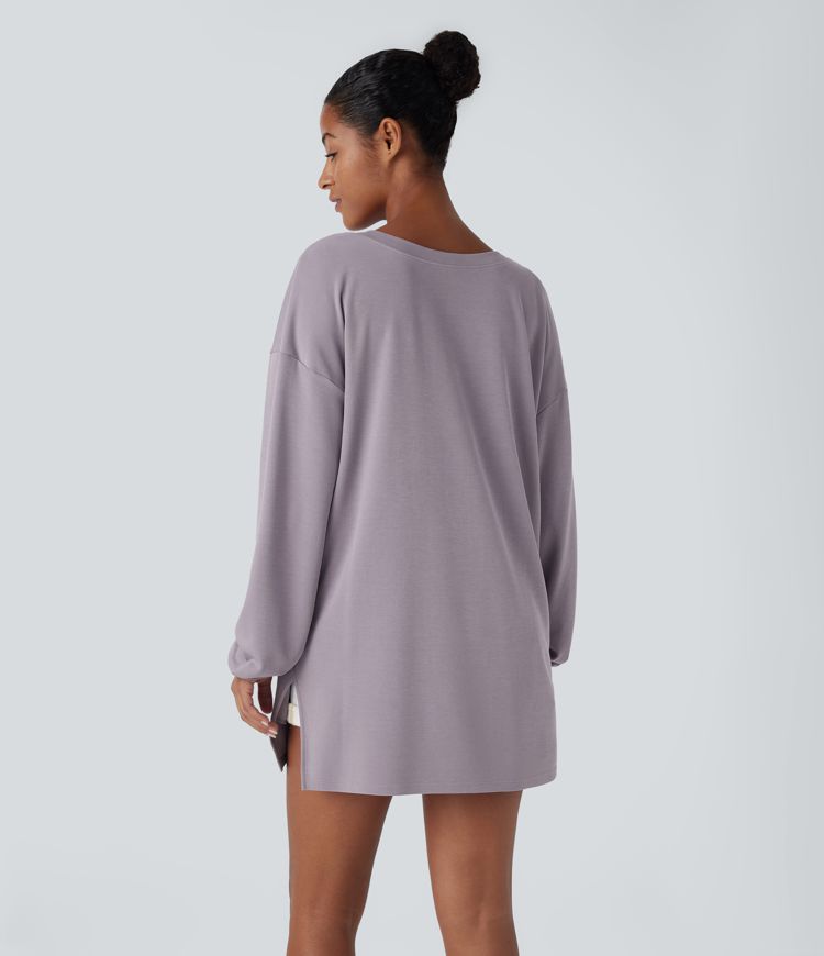 V Neck Dropped Shoulder Side Pocket Split Relaxed Casual Sweatshirt-Front and Back Wearable