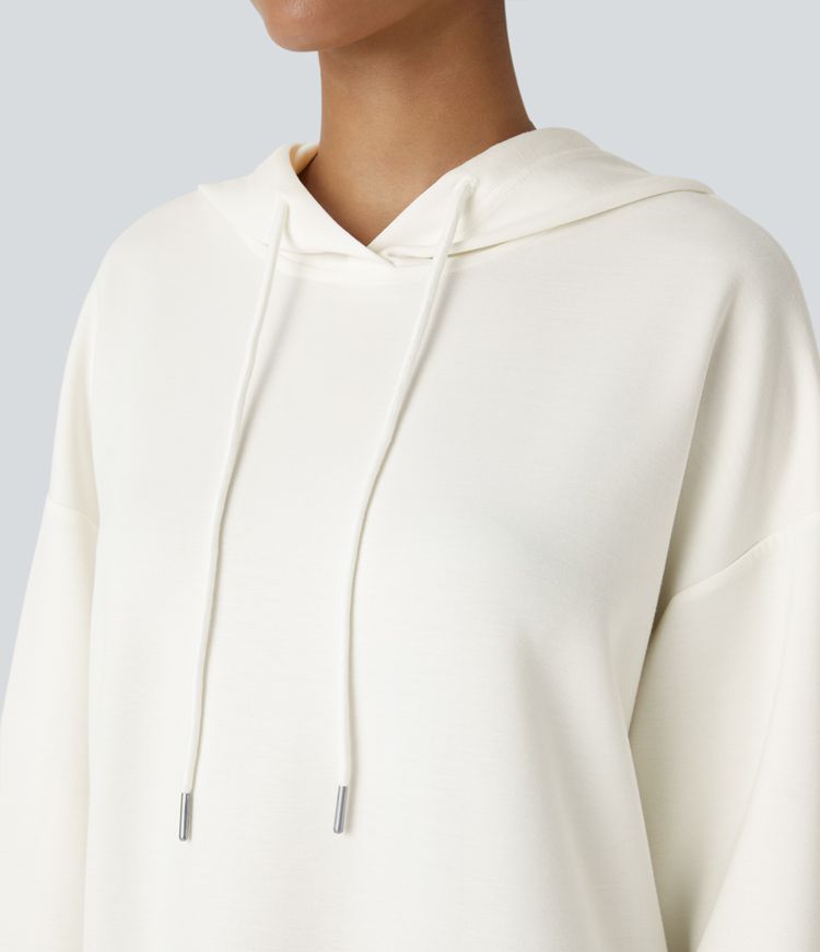 Hooded Drawstring Long Sleeve Kangaroo Pocket Crossover Split Casual Sweatshirt