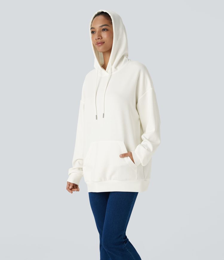 Hooded Drawstring Long Sleeve Kangaroo Pocket Crossover Split Casual Sweatshirt